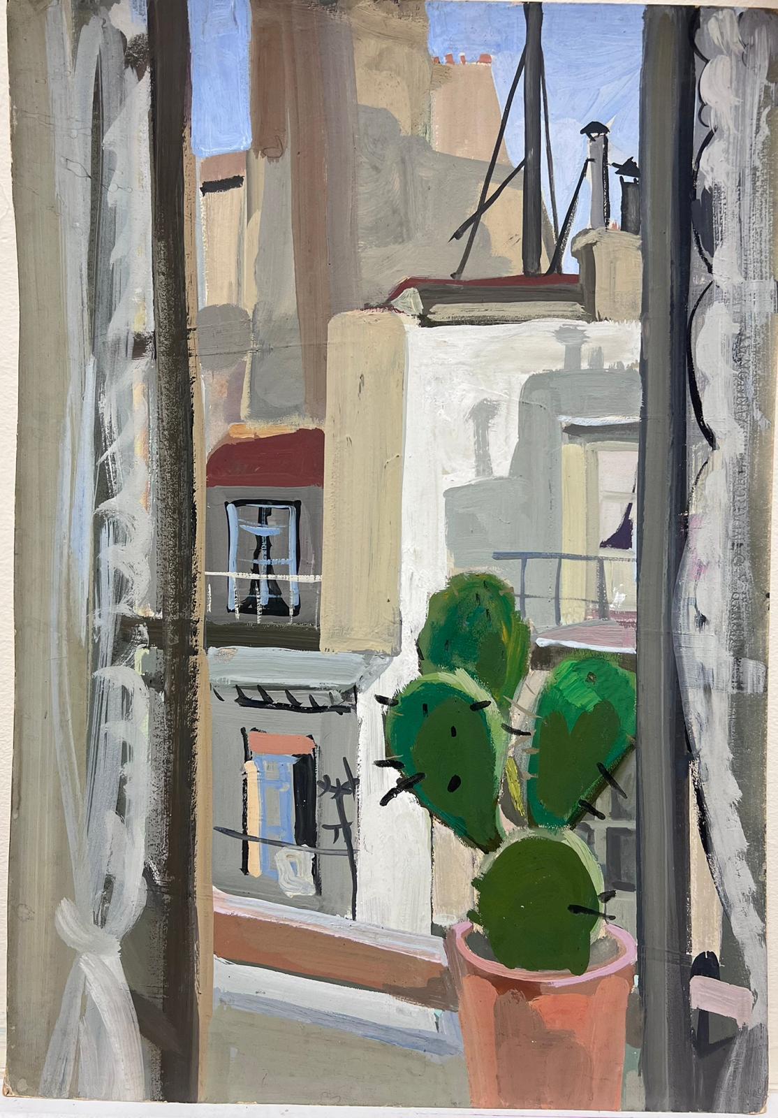 Cactus Plant in Windowsill Overlooking French St. Mid 20th Century Oil  - Painting by Louise Alix