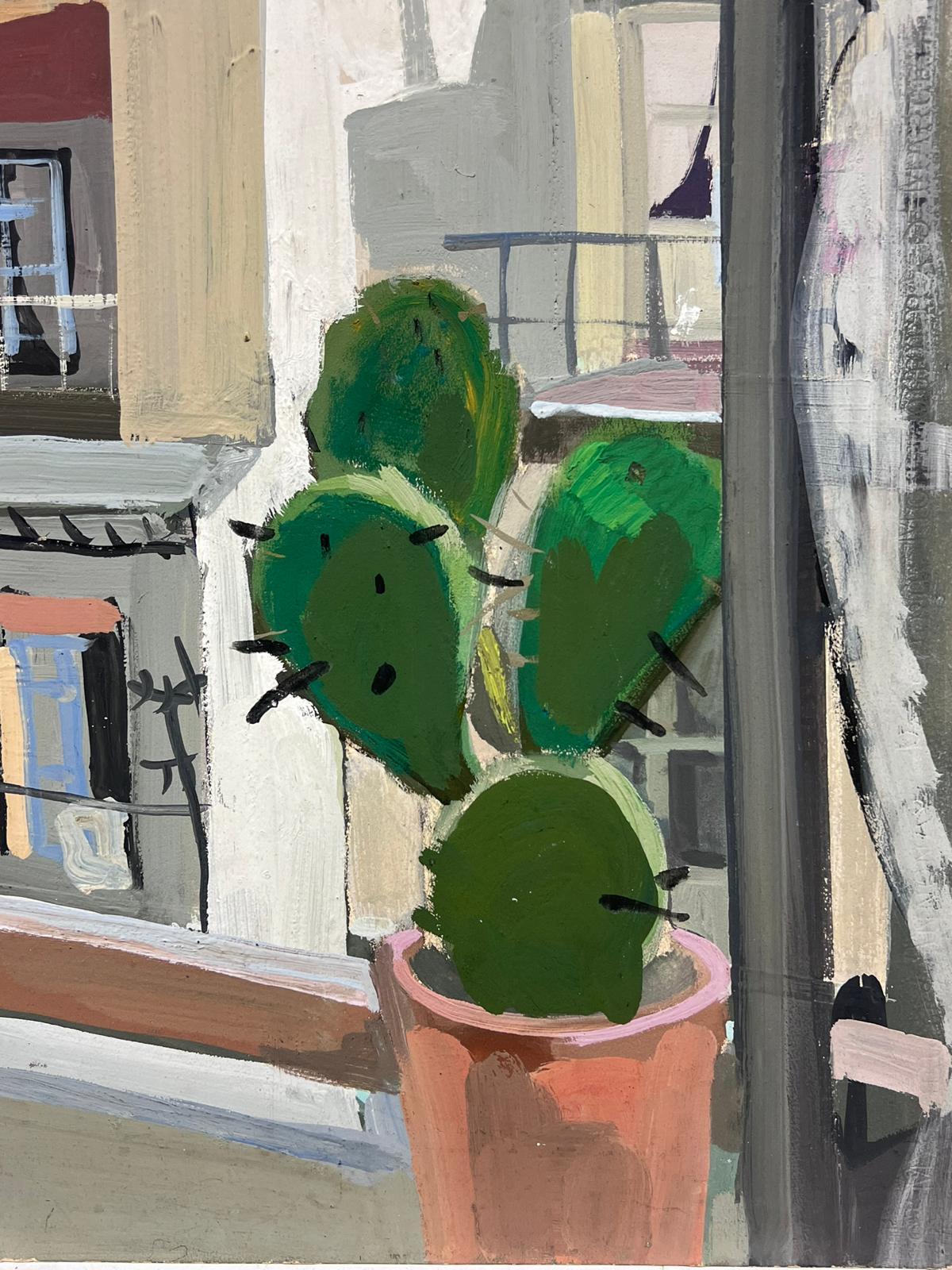 Cactus Plant in Windowsill Overlooking French St. Mid 20th Century Oil  - Gray Interior Painting by Louise Alix