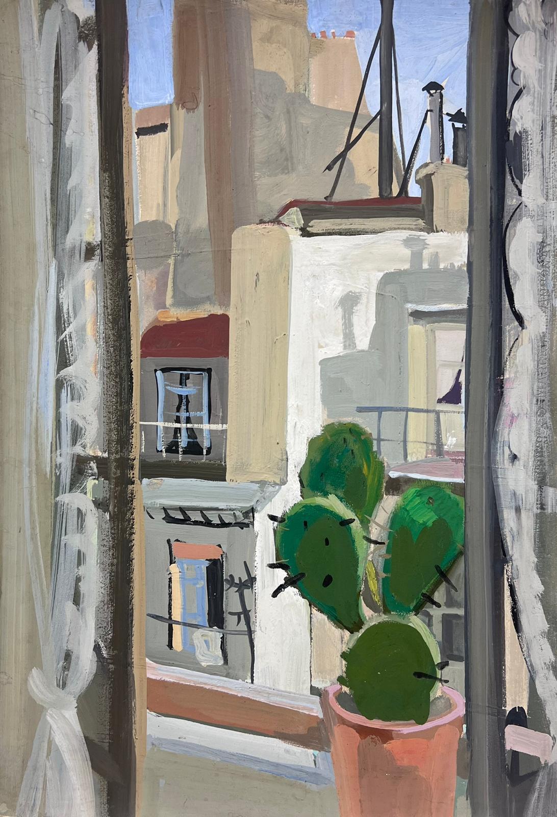 Louise Alix Interior Painting - Cactus Plant in Windowsill Overlooking French St. Mid 20th Century Oil 