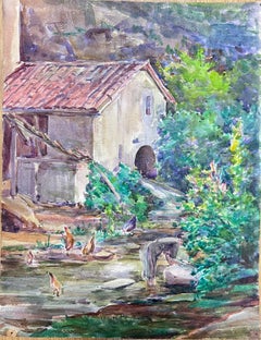 Galline in cortile Signora che fa giardinaggio Acquerello impressionista francese