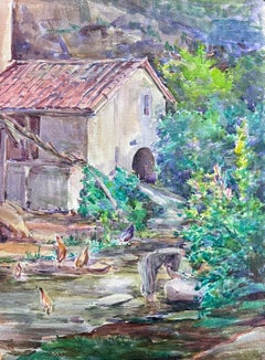 Chickens in Courtyard Lady Gardening French Impressionist Watercolour