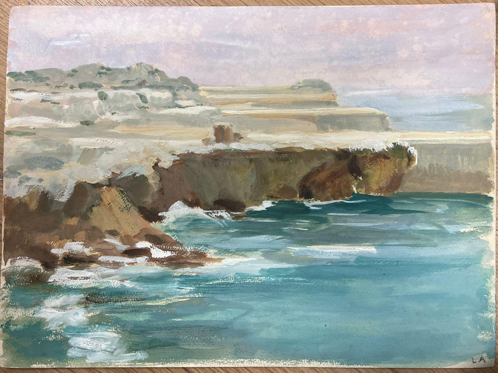 Coastal Cliffs Blue Sea French Impressionist Gouache Landscape - Painting by Louise Alix