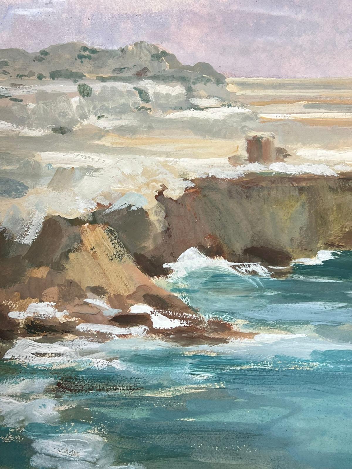Coastal Cliffs Blue Sea French Impressionist Gouache Landscape For Sale 1