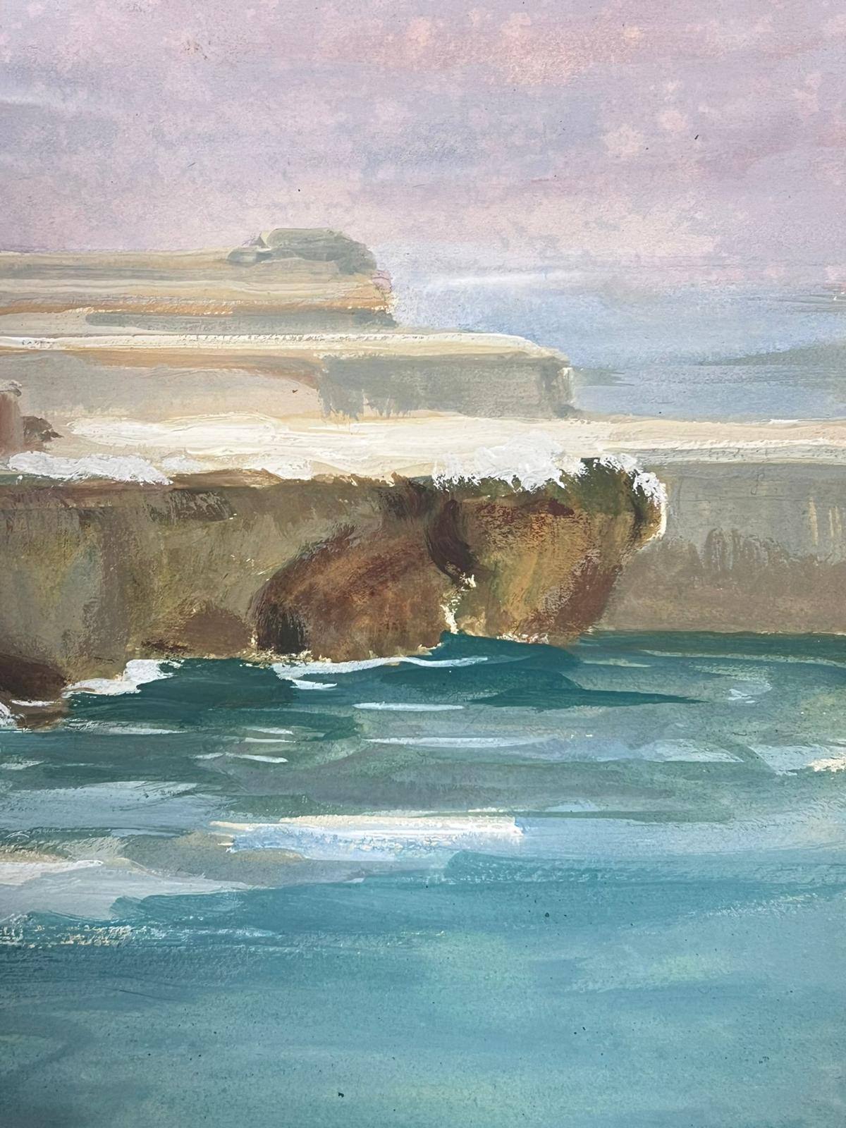 Coastal Cliffs Blue Sea French Impressionist Gouache Landscape For Sale 2