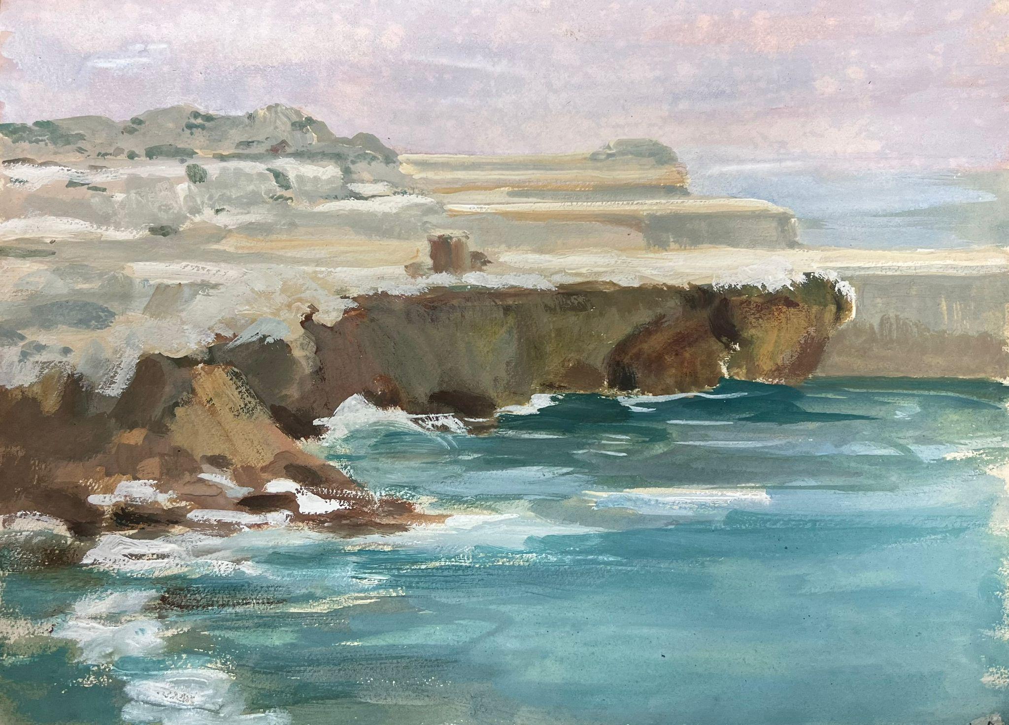 Louise Alix Landscape Painting - Coastal Cliffs Blue Sea French Impressionist Gouache Landscape
