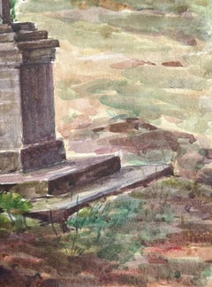 Monument de statue en forme de croix, paysage à l'aquarelle française des années 1930