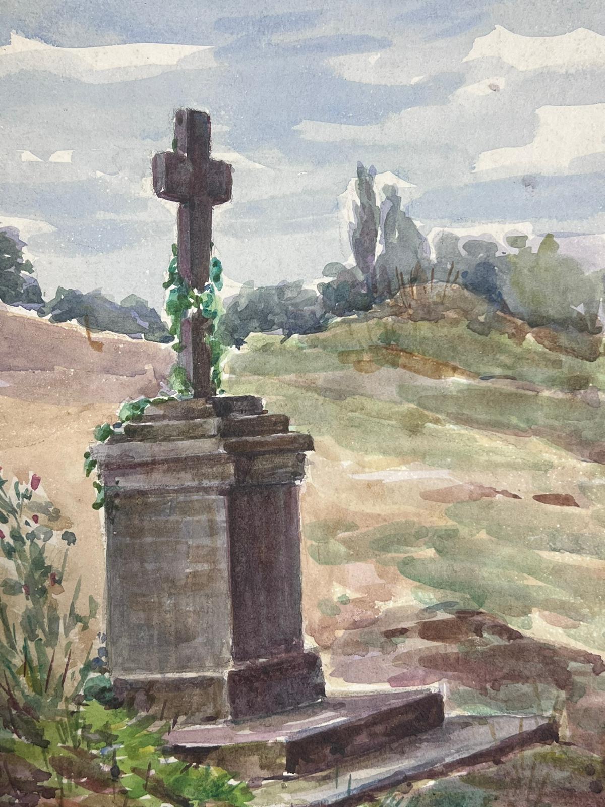 Cross Statue Monument 1930's French Watercolour Landscape - Impressionist Painting by Louise Alix