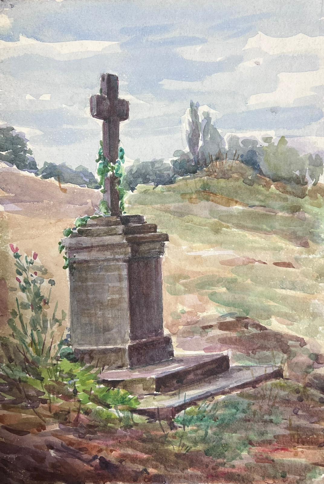 Cross Statue Monument 1930's French Watercolour Landscape - Gray Landscape Painting by Louise Alix