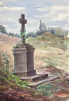 Monument de statue en forme de croix, paysage à l'aquarelle française des années 1930