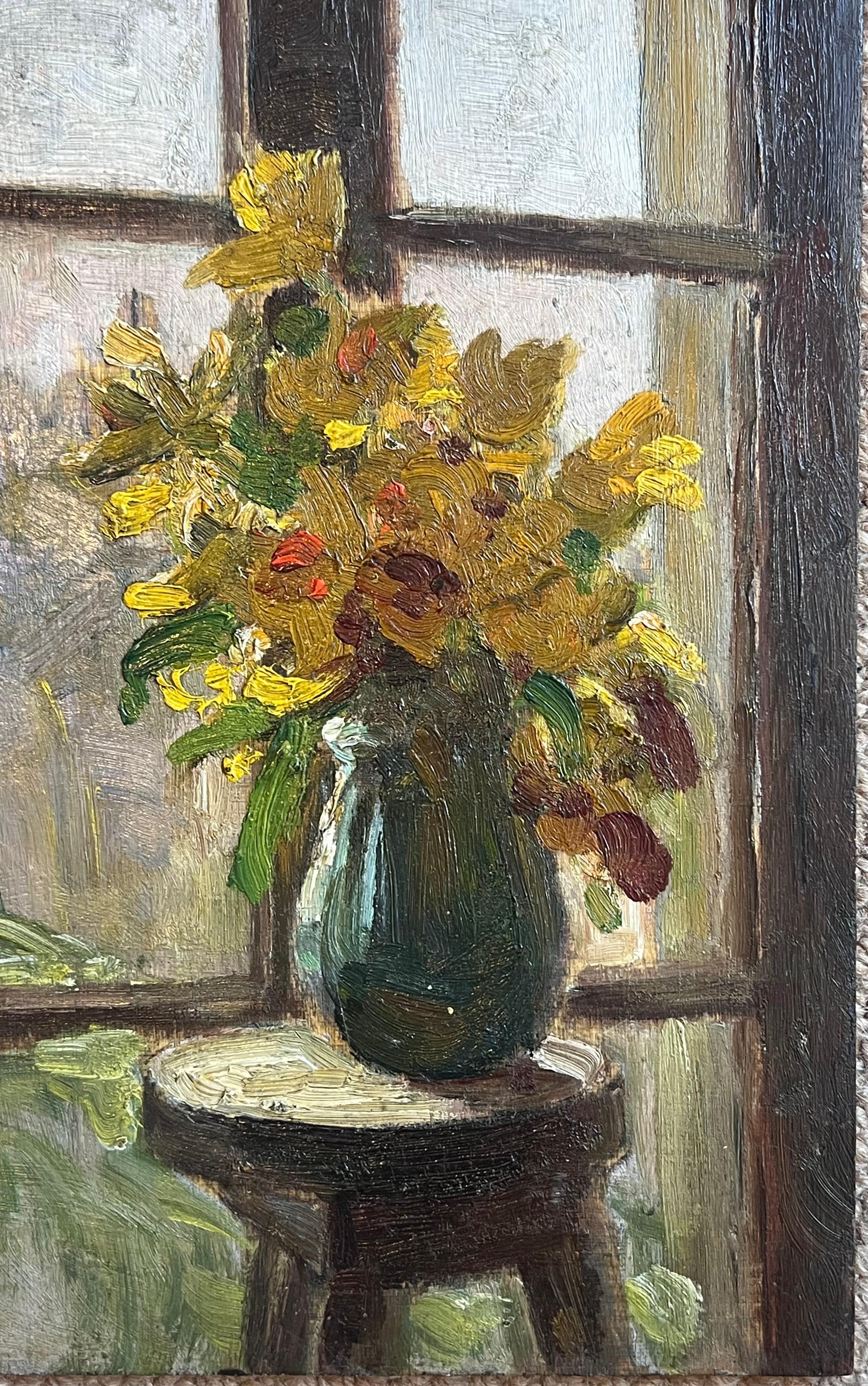Daffodils in Window Paris Skyline Antique French Impressionist Female Artist Oil - Painting by Louise Alix
