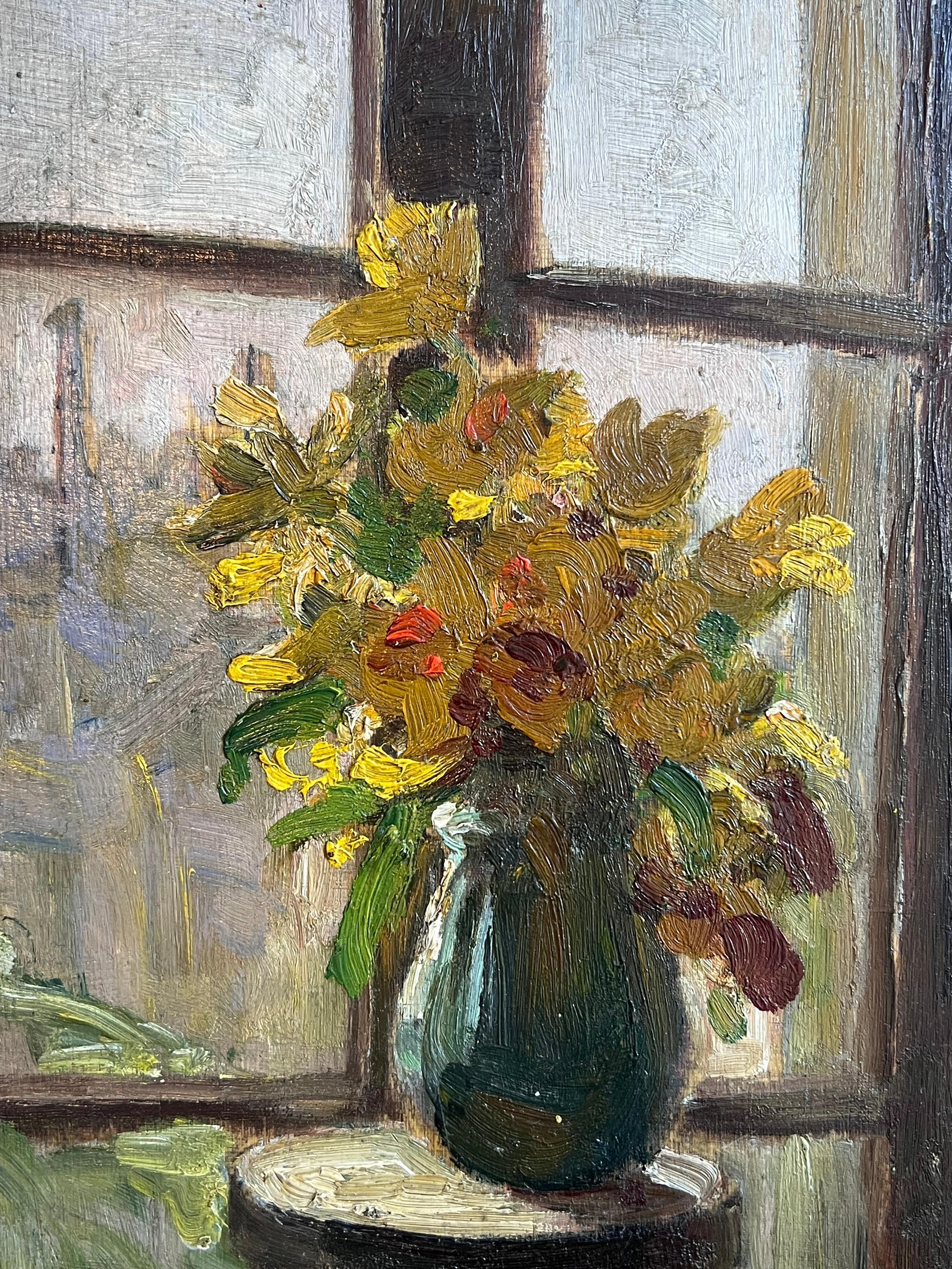 Flowers in the Window
by Louise Alix (French, 1888-1980) *see notes below
provenance stamp to the back 
oil painting on board, unframed
measures: 9.5 high by 6.5 inches wide
condition: overall very good and sound

A beautiful and original painting