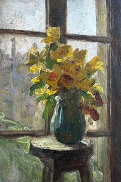 Daffodils in Window Paris Skyline Antique French Impressionist Female Artist Oil