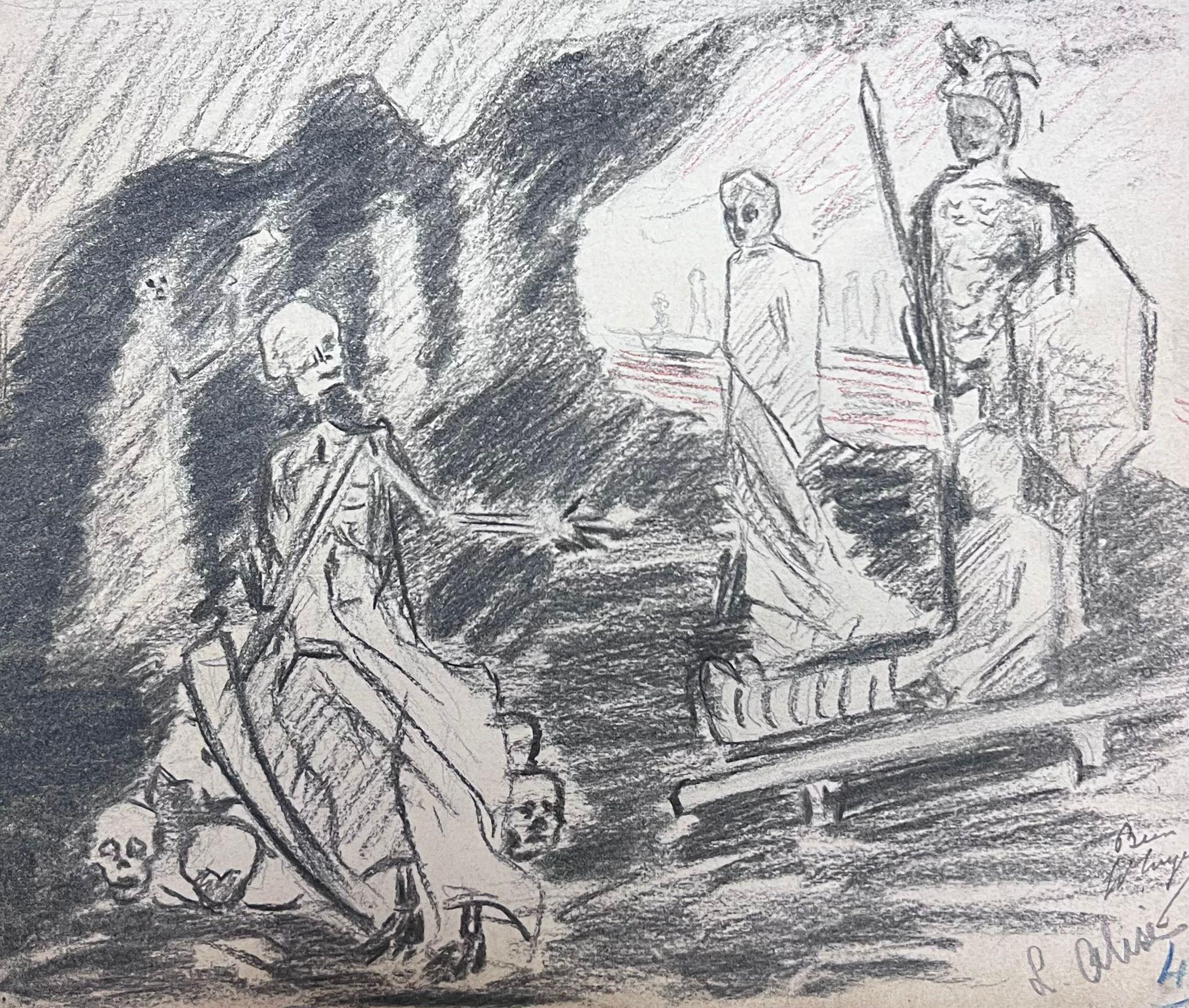 Dark Skeleton and Armed Soldiers French Impressionist Sketch - Painting by Louise Alix