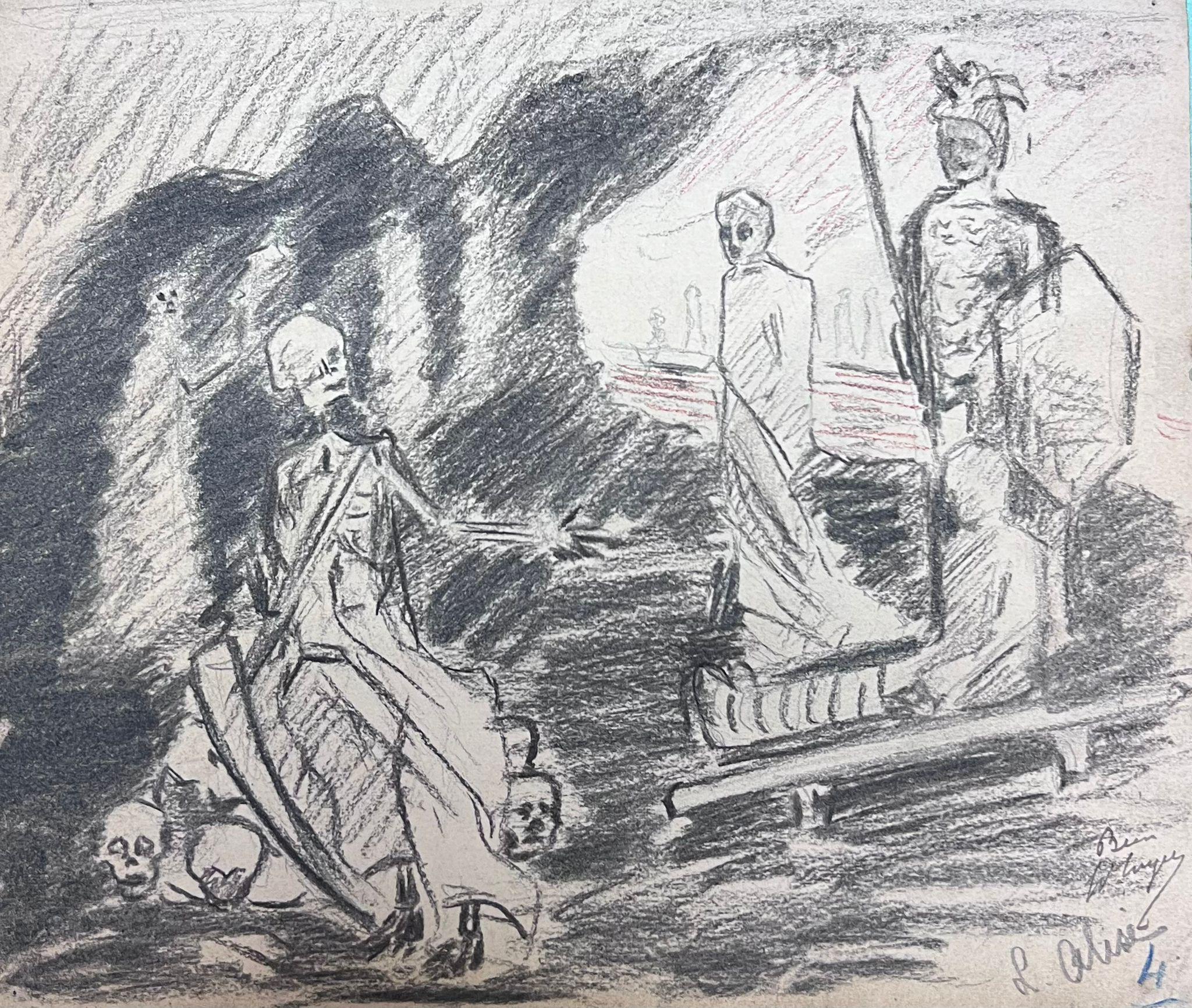 Louise Alix Landscape Painting - Dark Skeleton and Armed Soldiers French Impressionist Sketch