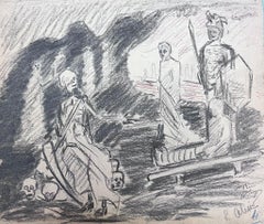 Vintage Dark Skeleton and Armed Soldiers French Impressionist Sketch