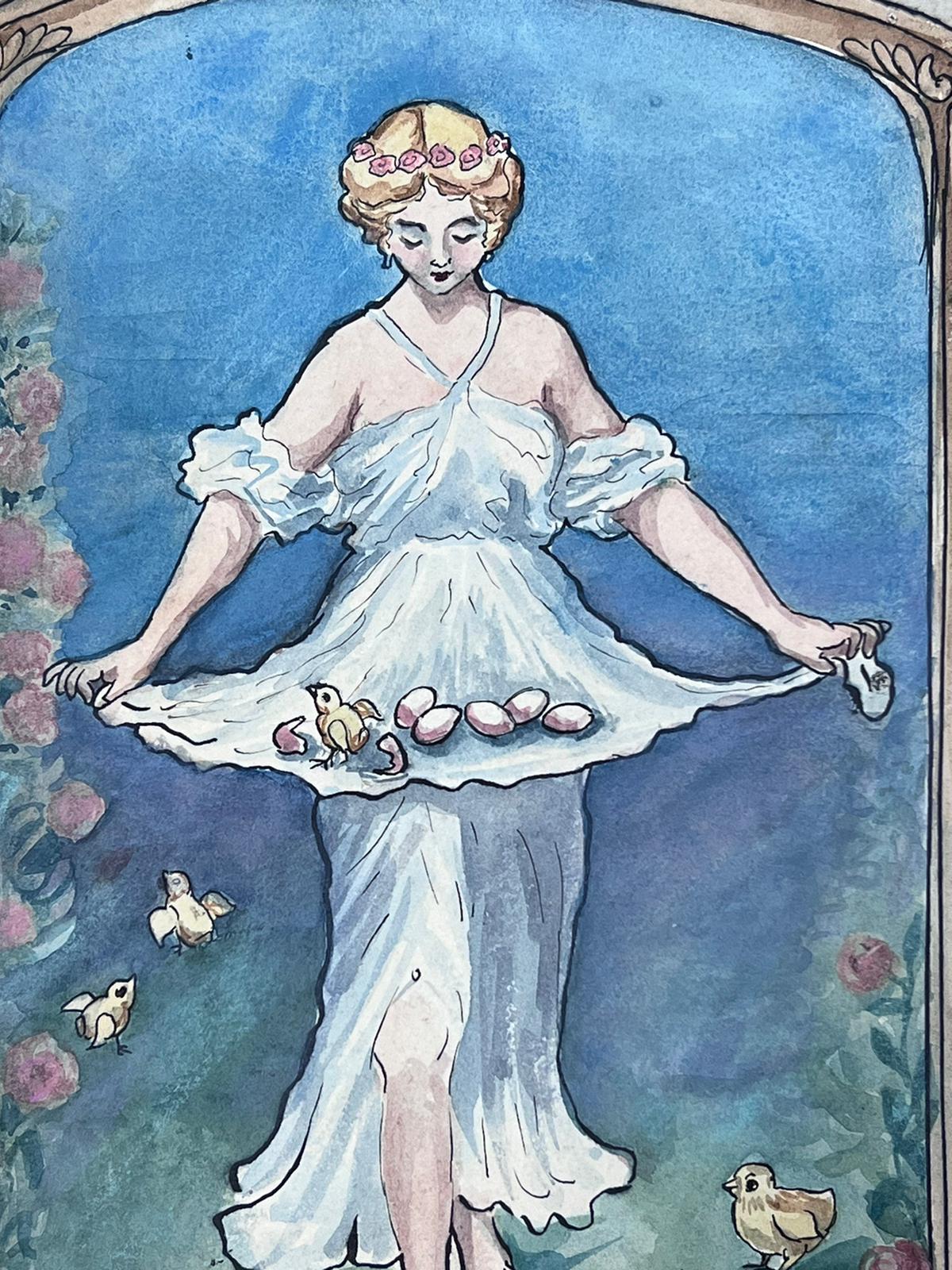 Elegant Lady In White Dress Carrying Chick Eggs Watercolour  - Impressionist Painting by Louise Alix