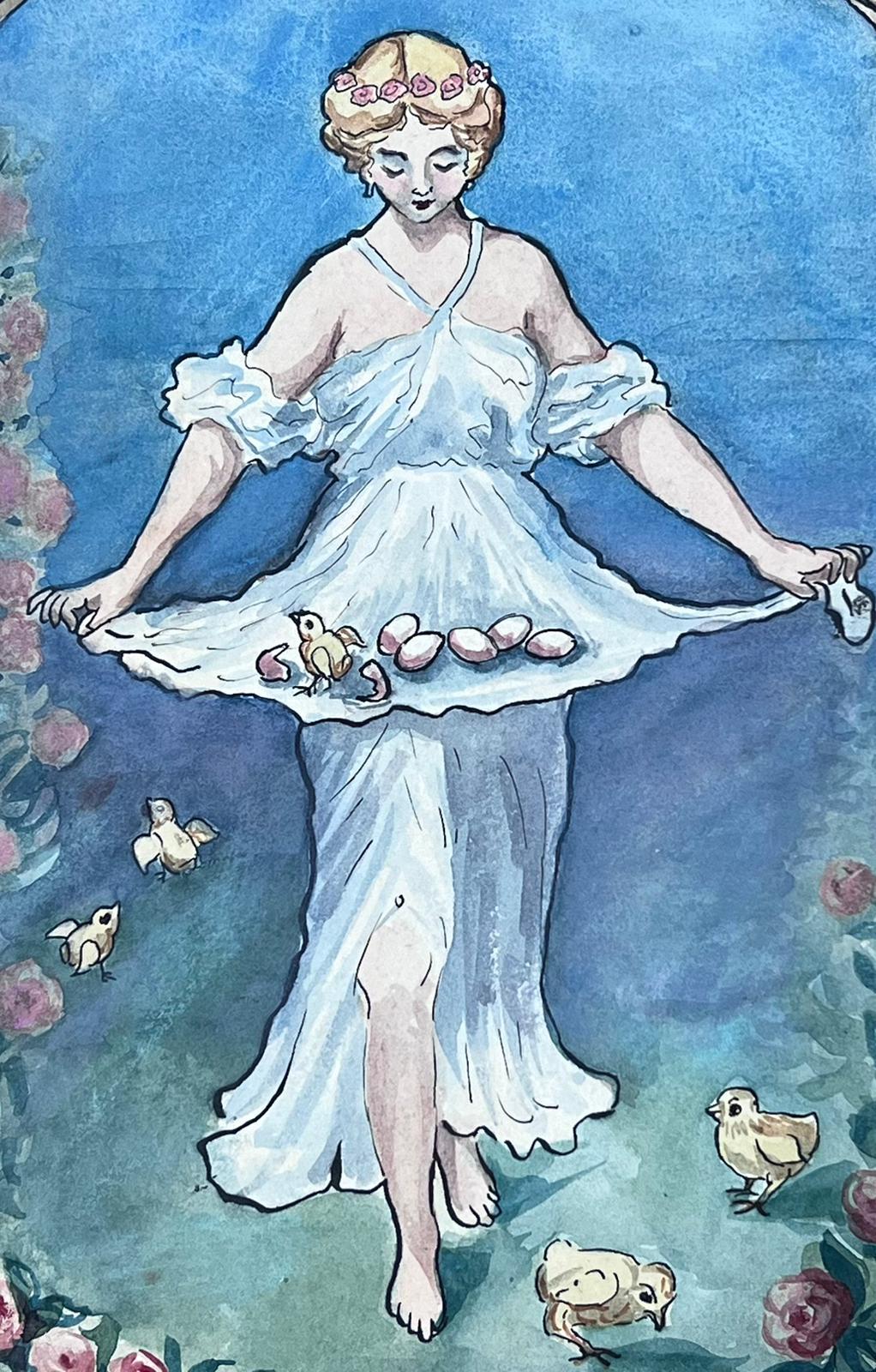 Elegant Lady In White Dress Carrying Chick Eggs Watercolour  - Blue Portrait Painting by Louise Alix