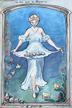 Elegant Lady In White Dress Carrying Chick Eggs Watercolour 