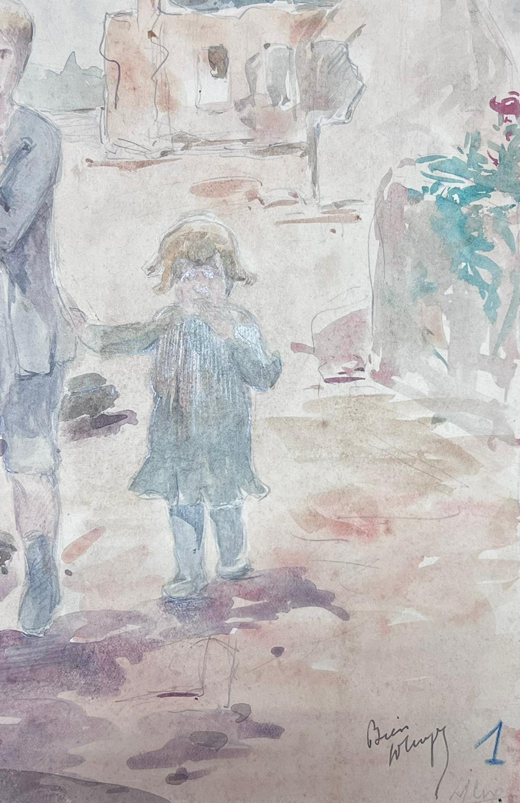 Padre e hijos caminando por las ruinas Impresionista francés - Painting de Louise Alix