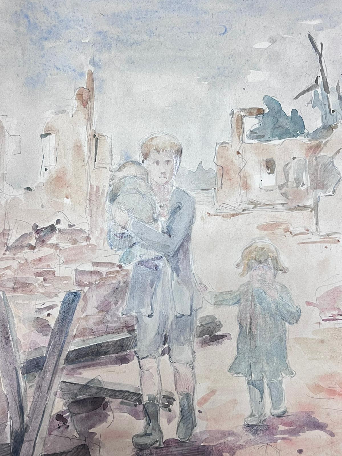 Padre e hijos caminando por las ruinas Impresionista francés - Figurative Painting Gris de Louise Alix