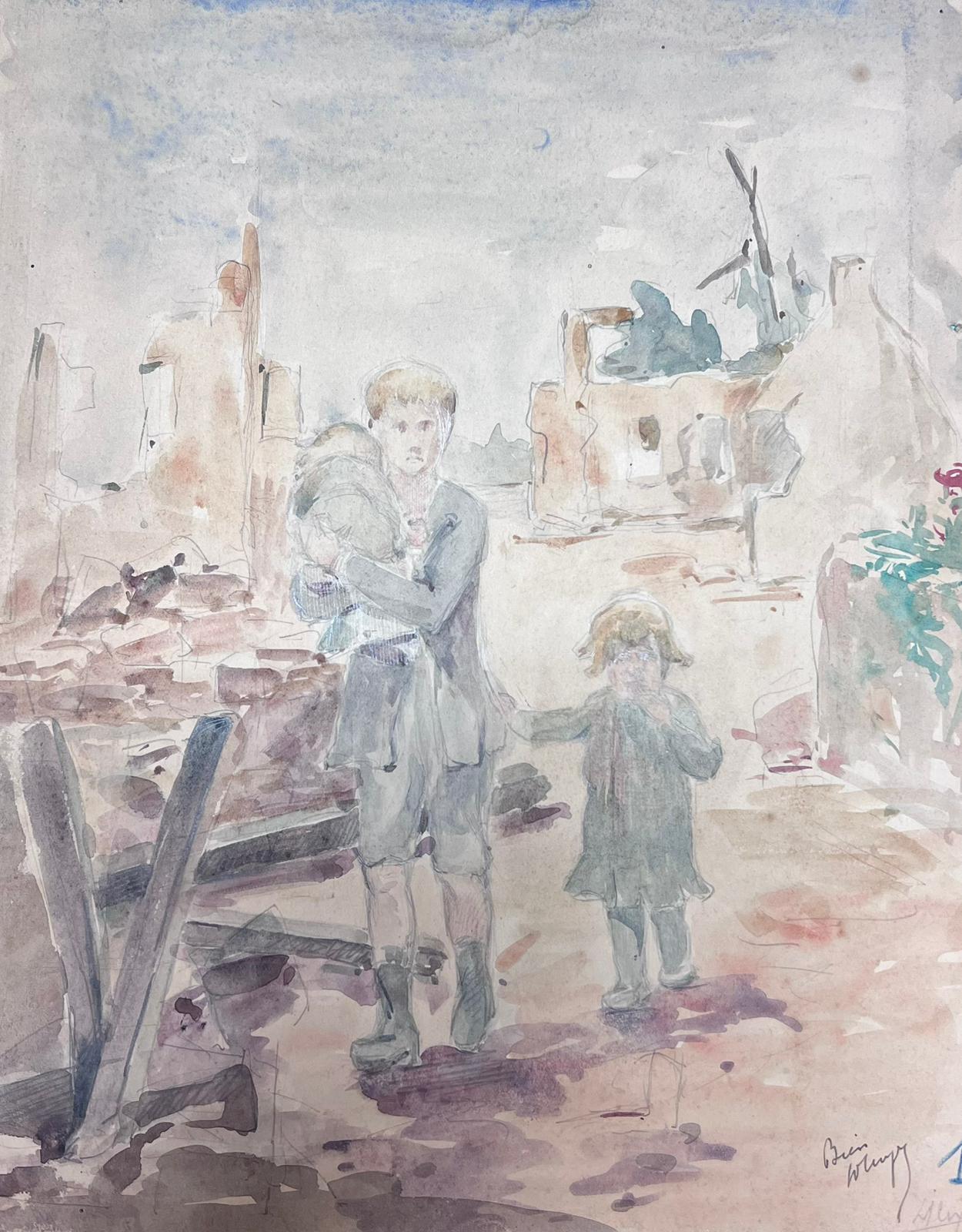 Father and Children Walking Through The Ruins French Impressionist 