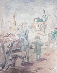 Père et enfants marchant dans les ruines impressionniste français 