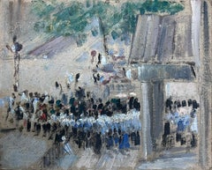 Figures Gathered In Town Square French Landscape Impressionist Painting