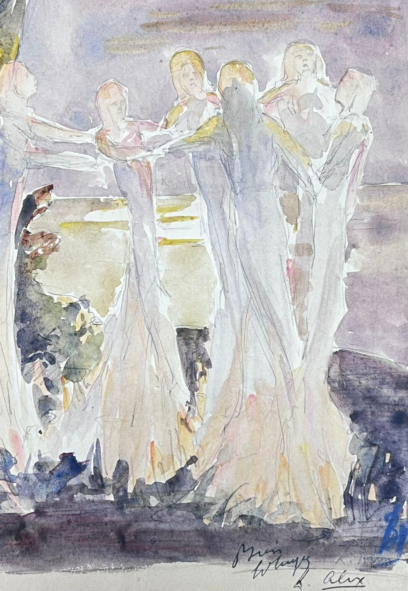 Figuren in Weiß tanzend im Sommerlichtwald 1930er Jahre Französische Landschaft – Painting von Louise Alix