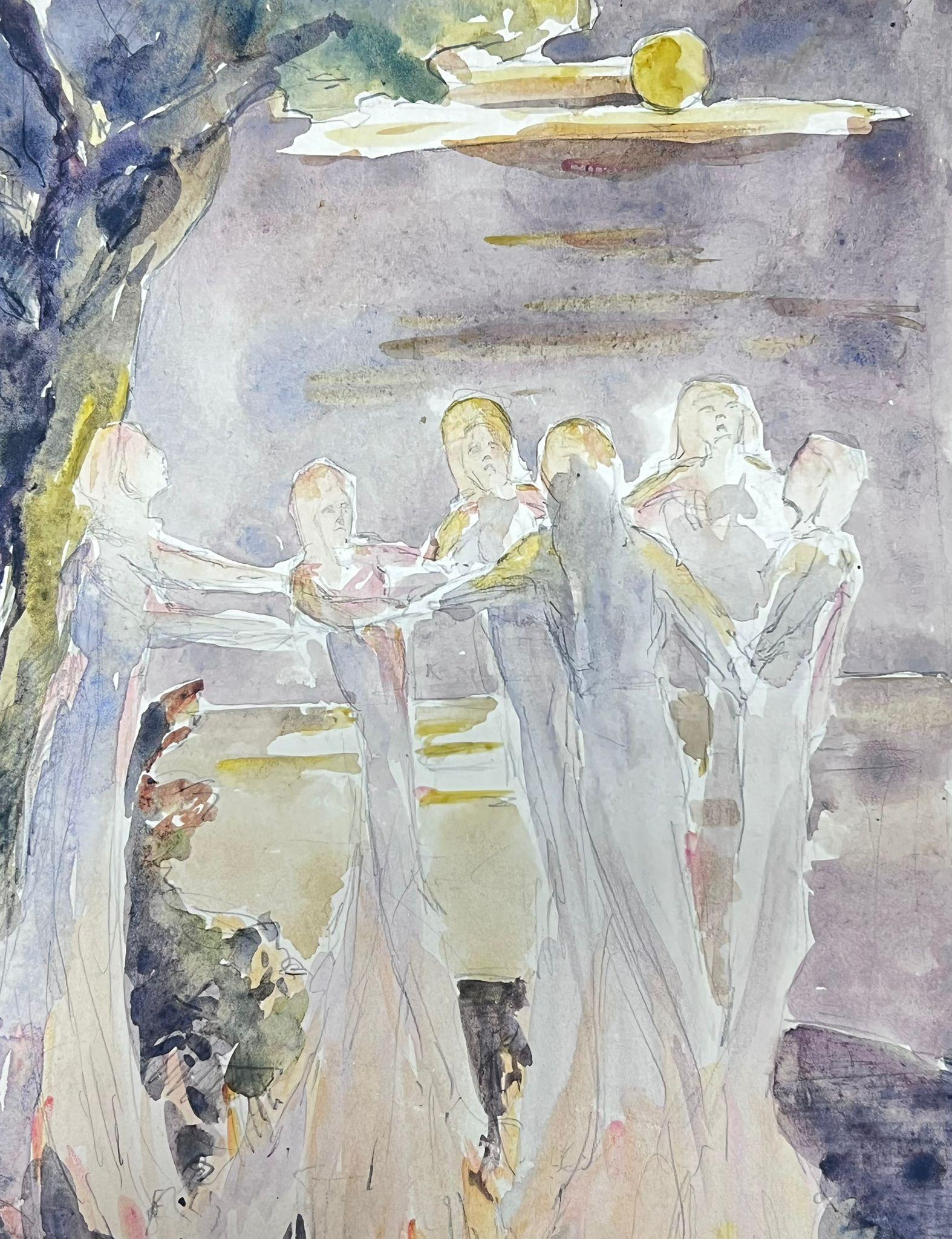 Figuren in Weiß tanzend im Sommerlichtwald 1930er Jahre Französische Landschaft (Impressionismus), Painting, von Louise Alix