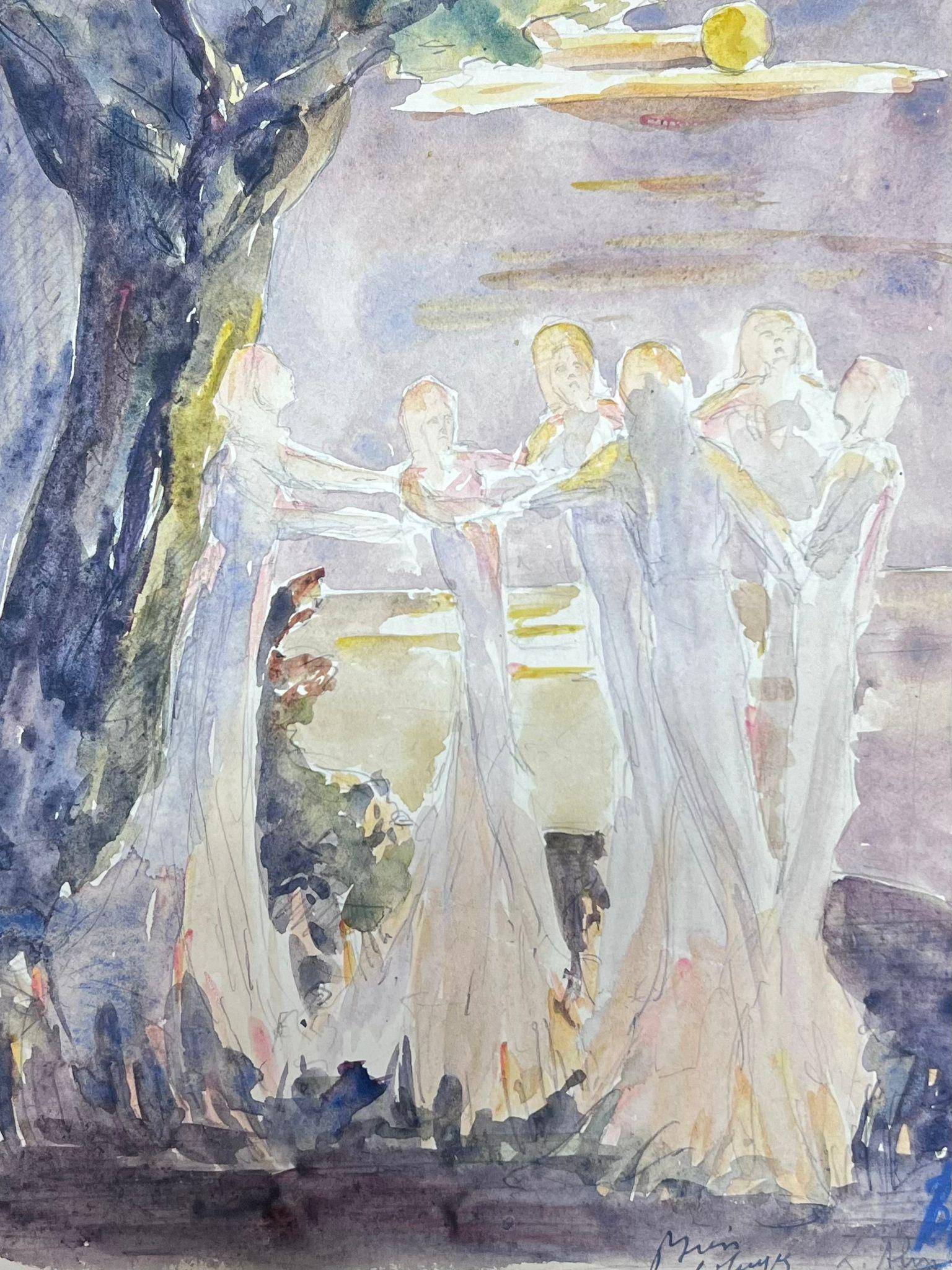 Figuren in Weiß tanzend im Sommerlichtwald 1930er Jahre Französische Landschaft (Grau), Figurative Painting, von Louise Alix