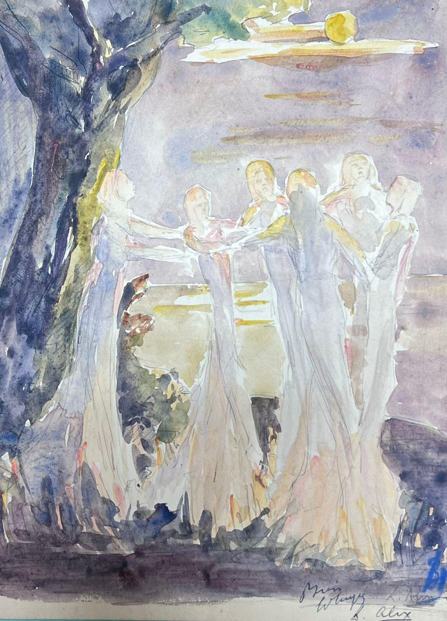 Louise Alix Figurative Painting – Figuren in Weiß tanzend im Sommerlichtwald 1930er Jahre Französische Landschaft