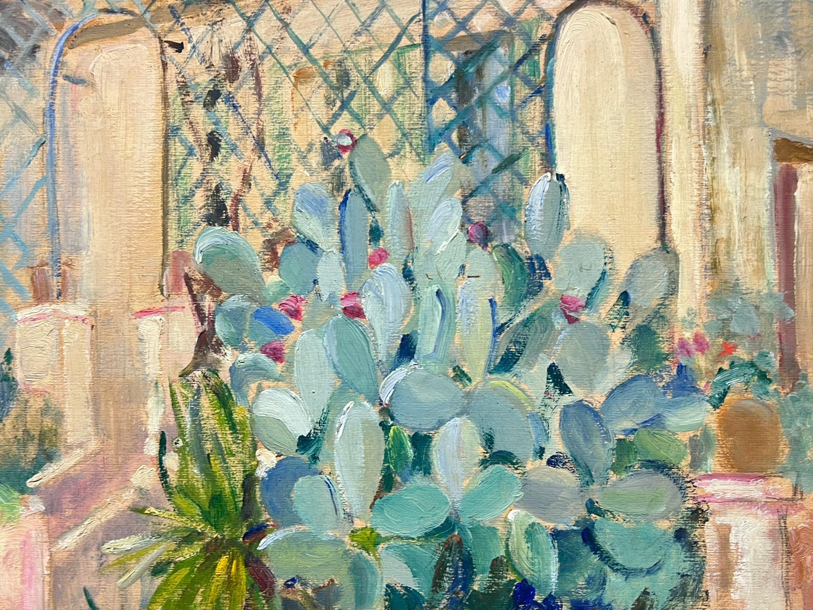 Louise Alix Still-Life Painting - Flowering Cactus in Garden 1940's French Impressionist Oil Painting