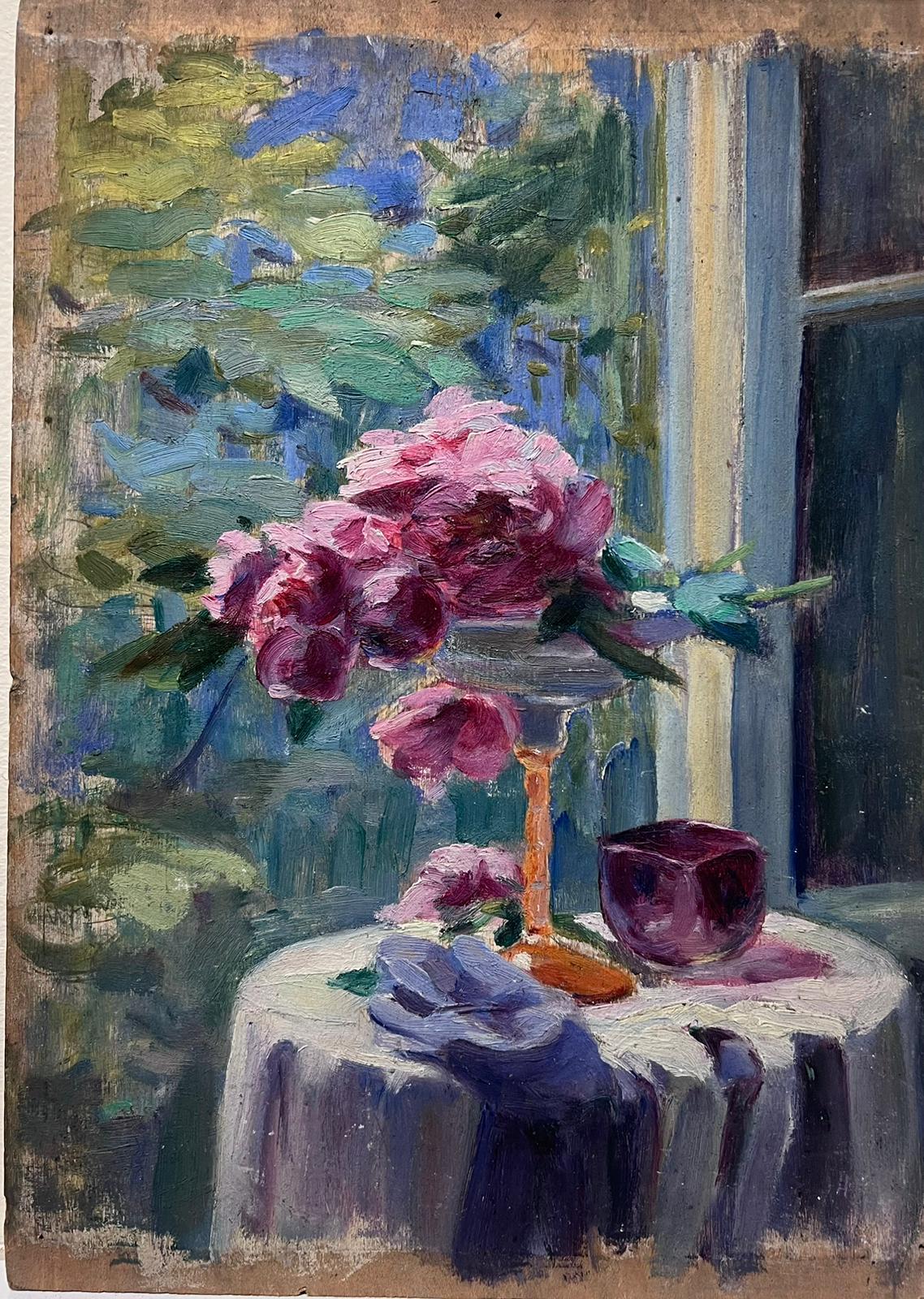 Flores en alféizar de ventana con vistas al jardín 1940's Female French Artist óleo 1