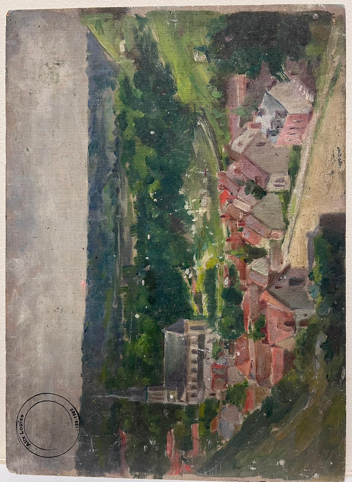 Flores en alféizar de ventana con vistas al jardín 1940's Female French Artist óleo 2