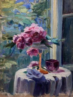Flores en alféizar de ventana con vistas al jardín 1940's Female French Artist óleo