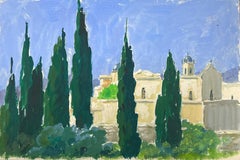 French Gouache Landscape Tall Provence Trees Infront Of White Temple