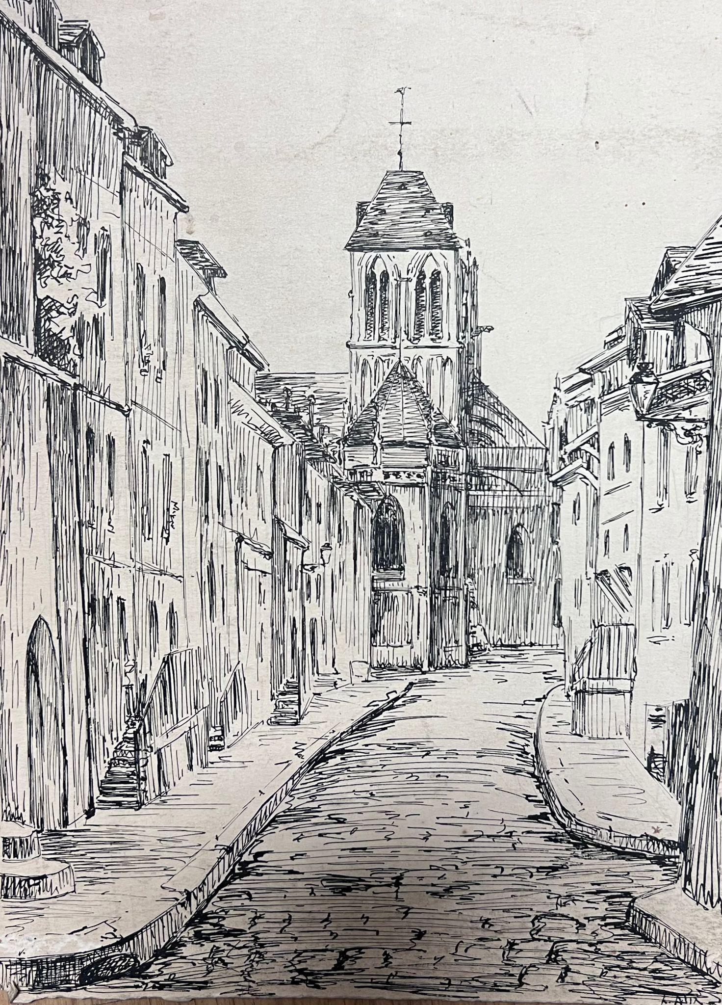 Landscape Painting de Louise Alix - Impresionista francés en blanco y negro Alto edificio callejero