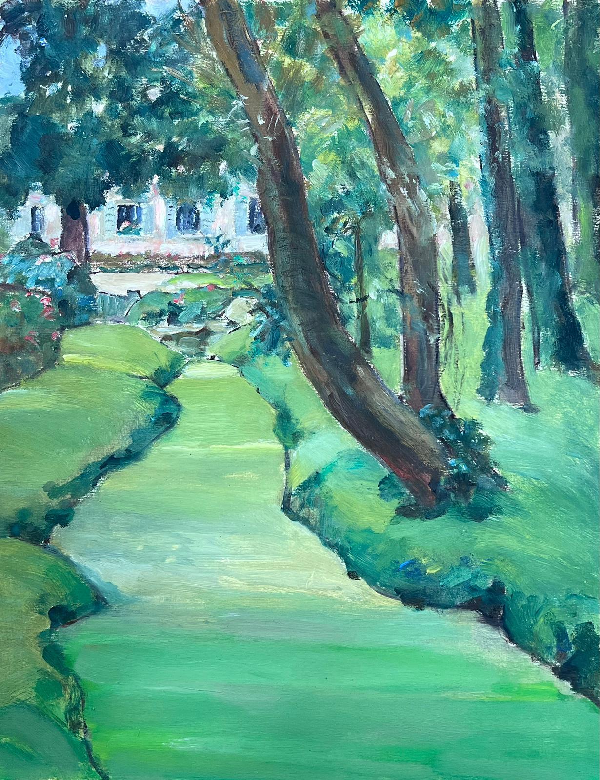 Louise Alix Landscape Painting - French Impressionist Bright Green Tree Path Landscape 
