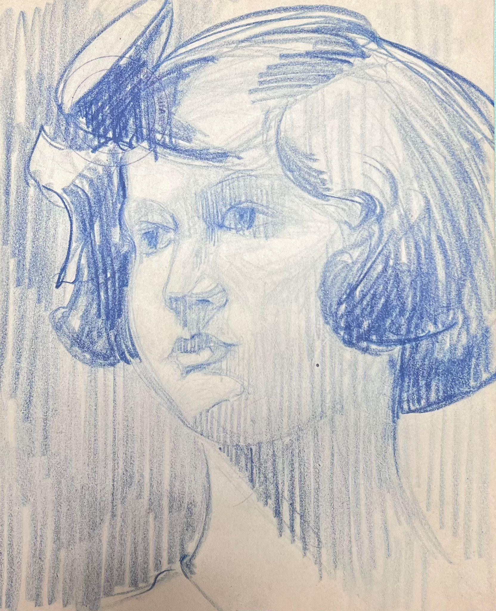 French Impressionist Female Portrait Blue Pencil Sketch Drawing - Painting by Louise Alix