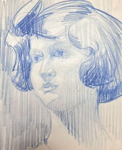 Retro French Impressionist Female Portrait Blue Pencil Sketch Drawing