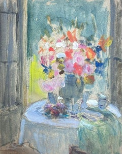 French Impressionist Gouache Painting Flowers In Window Sill Still Life