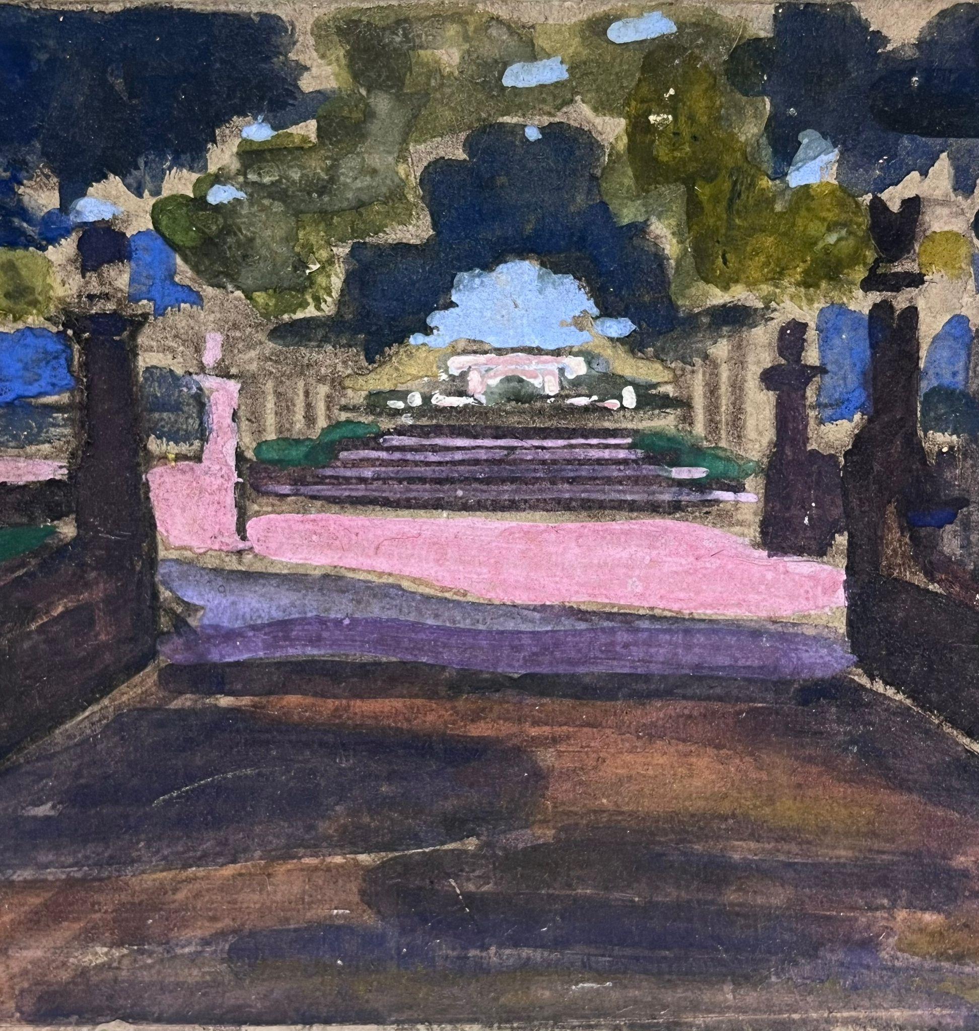 French Impressionist Gouache Wide Pink Churchyard Path Landscape - Black Landscape Painting by Louise Alix