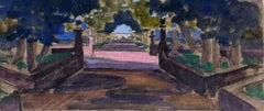 Gouache impressionniste française Paysage de chemin de cour d'église rose large