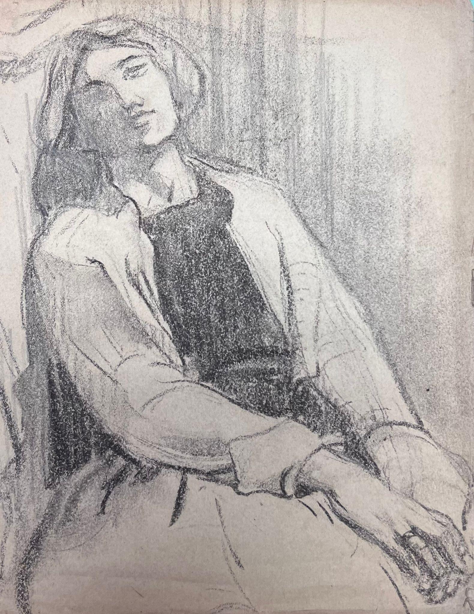 Female Portrait
by Louise Alix (French, 1888-1980) *see notes below
provenance stamp to the back 
black pastel drawing on artist paper, unframed
measures: 10 high by 8 inches wide
condition: overall very good and sound, a few scuffs and marks to the