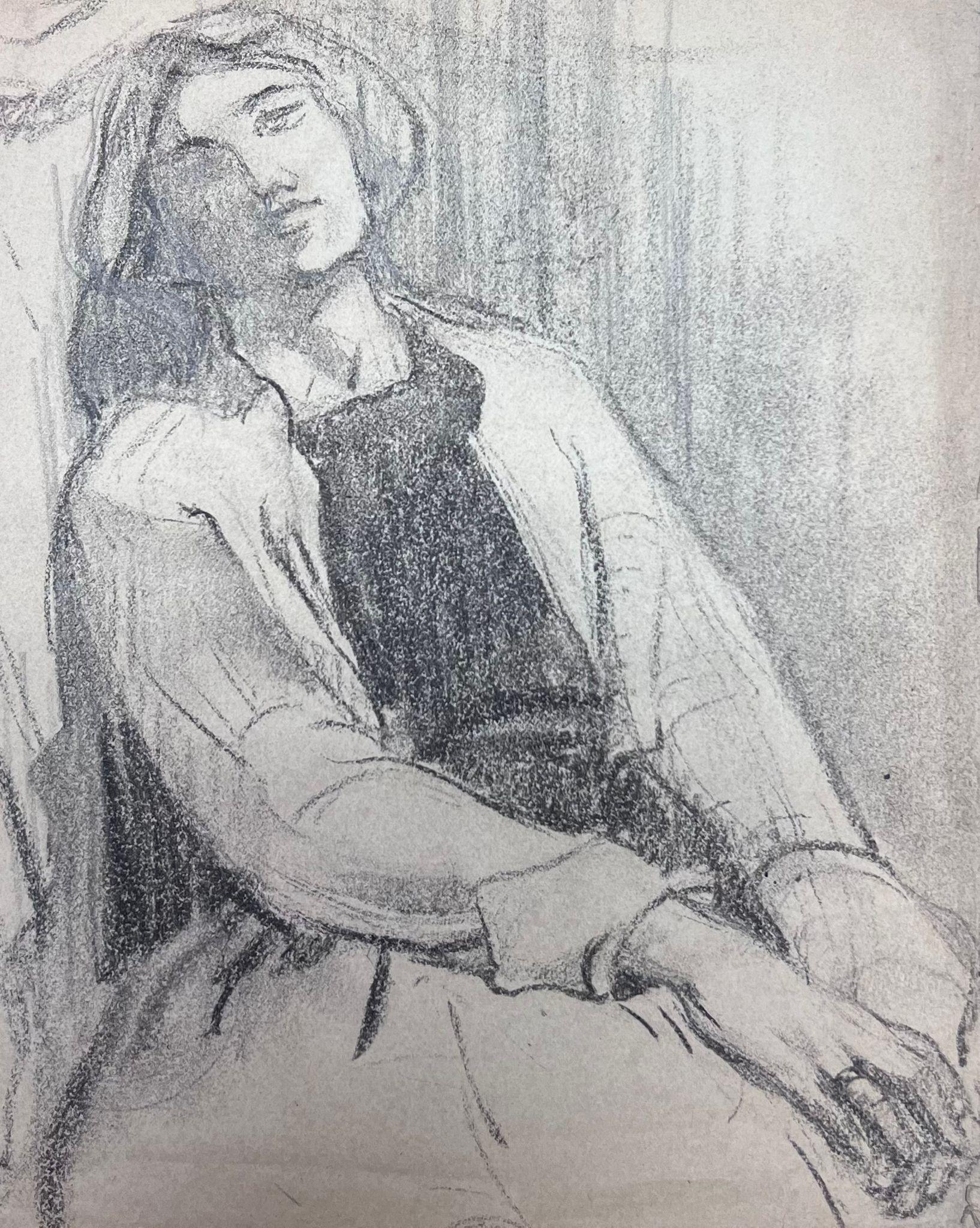 Louise Alix Portrait Painting - French Impressionist Laid Back Lady Portrait Pencil Sketch Painting