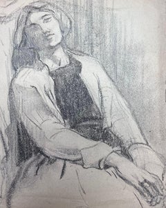 Vintage French Impressionist Laid Back Lady Portrait Pencil Sketch Painting