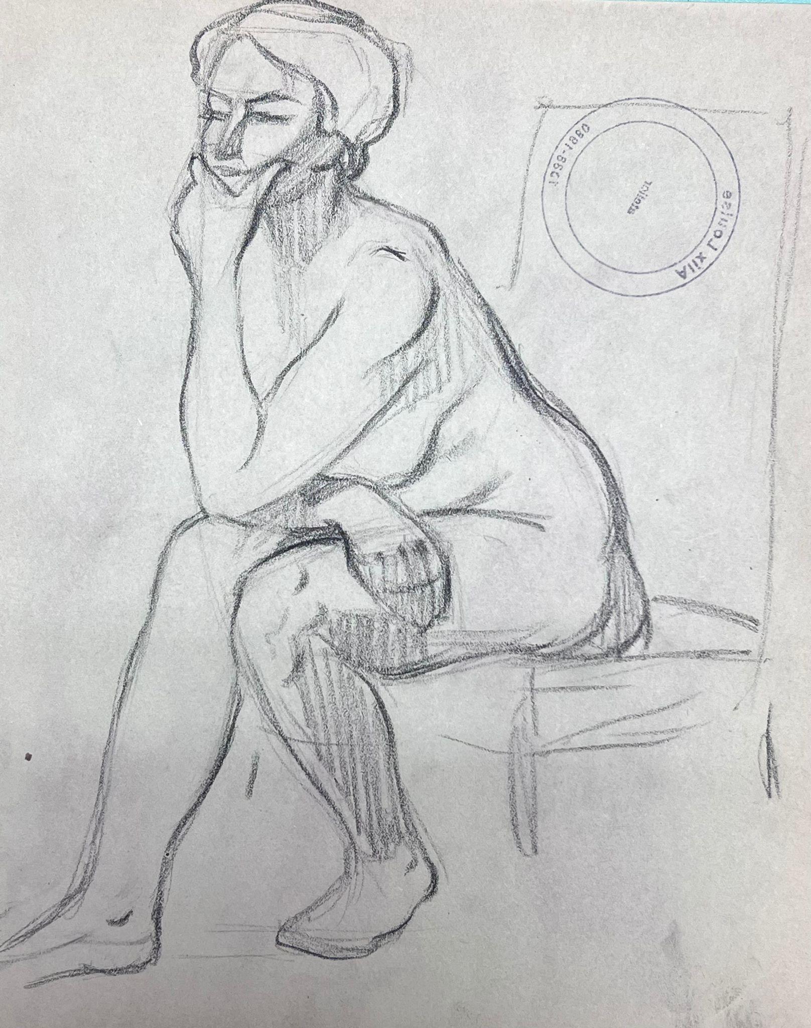Croquis au crayon impressionniste français d'une figure féminine nue profondément en pensée - Painting de Louise Alix