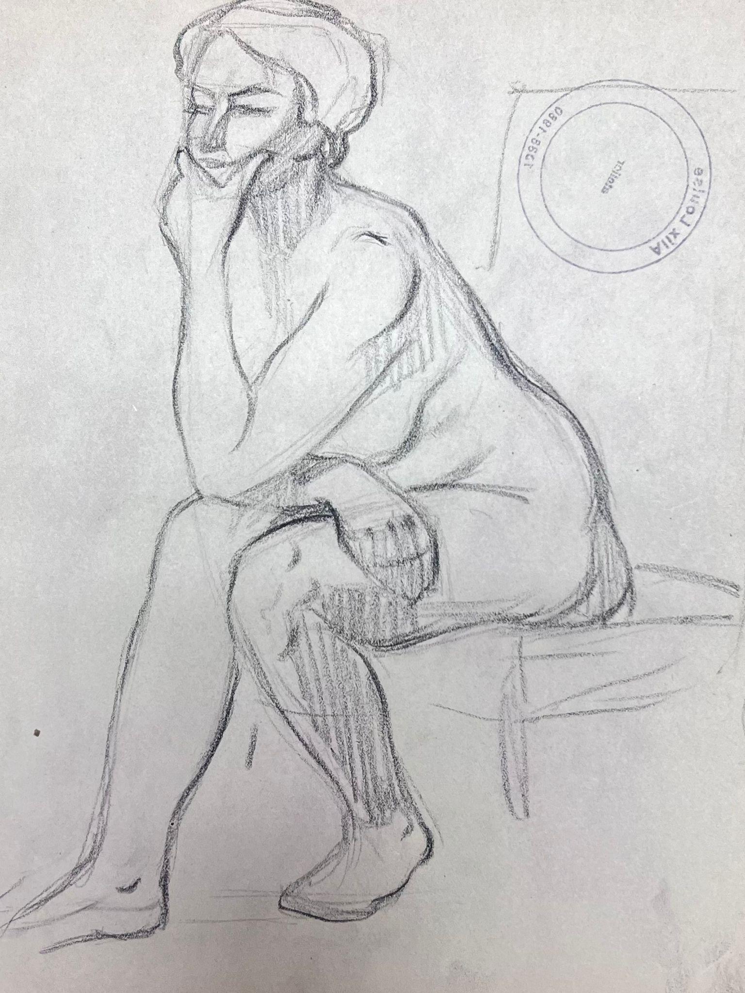 Nude Figure
by Louise Alix (French, 1888-1980) *see notes below
provenance stamp to the back 
pencil drawing on artist paper, unframed
measures: 10 high by 8 inches wide
condition: overall very good and sound, a few scuffs and marks to the surface