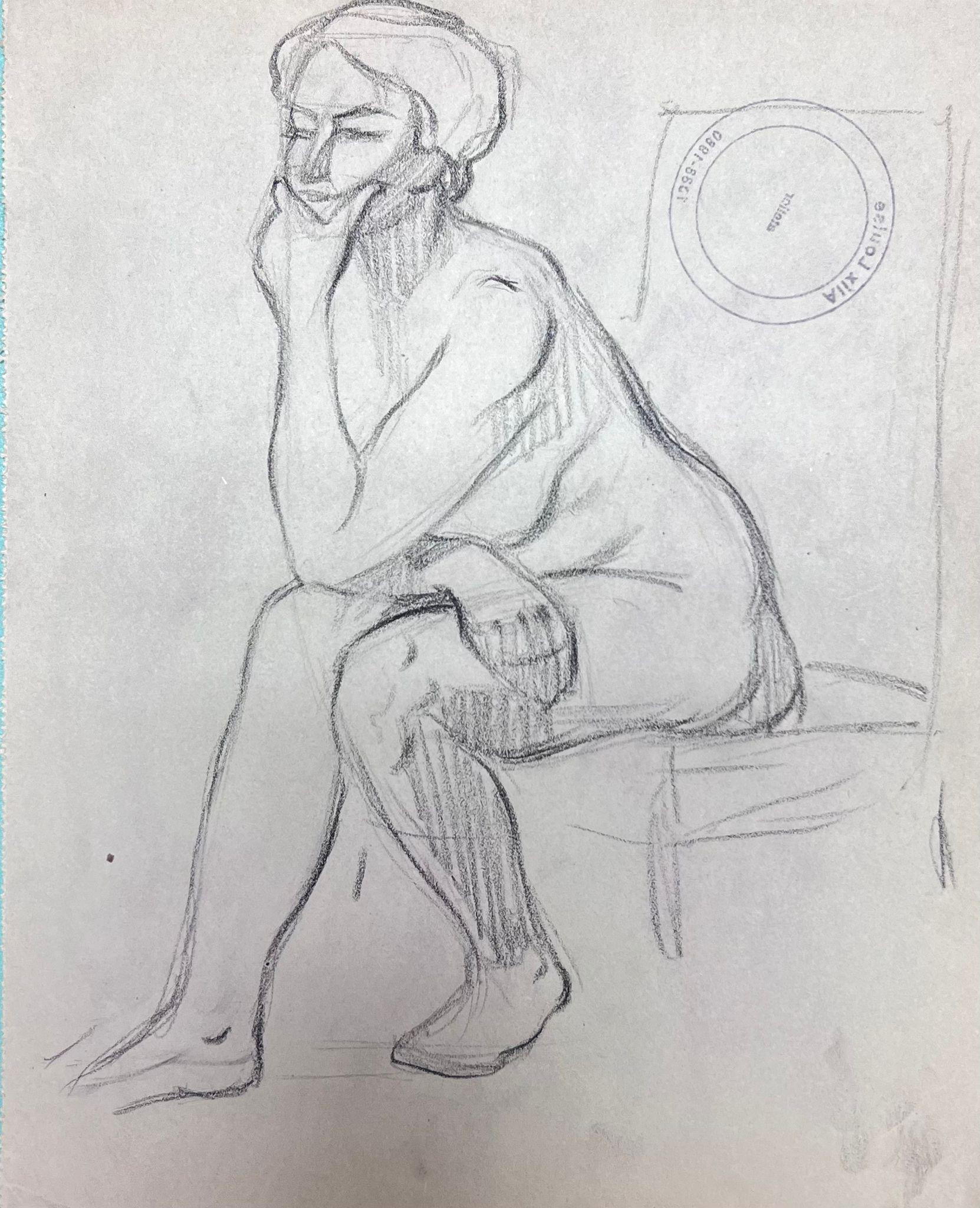 Nude Painting Louise Alix - Croquis au crayon impressionniste français d'une figure féminine nue profondément en pensée