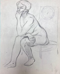 Vintage French Impressionist Nude Female Figure Deep In Thought Pencil Sketch